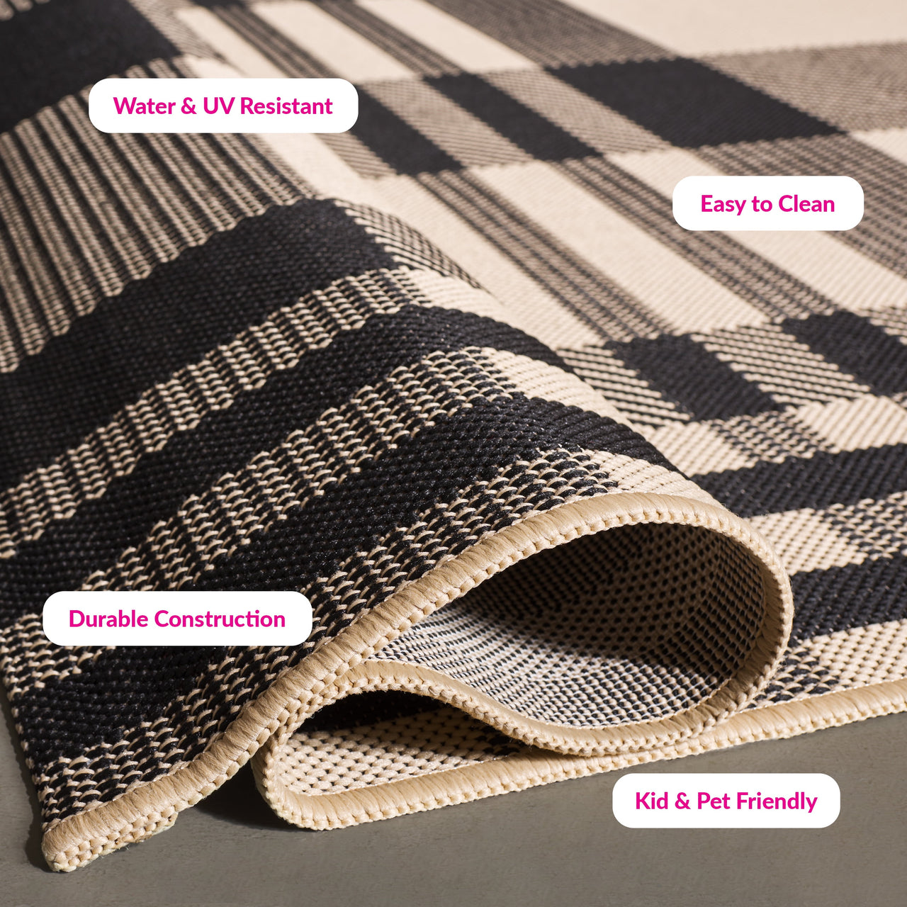SAFAVIEH Courtyard Benjamin Plaid Indoor/Outdoor Area Rug, Black/Bone, 8' x 11'