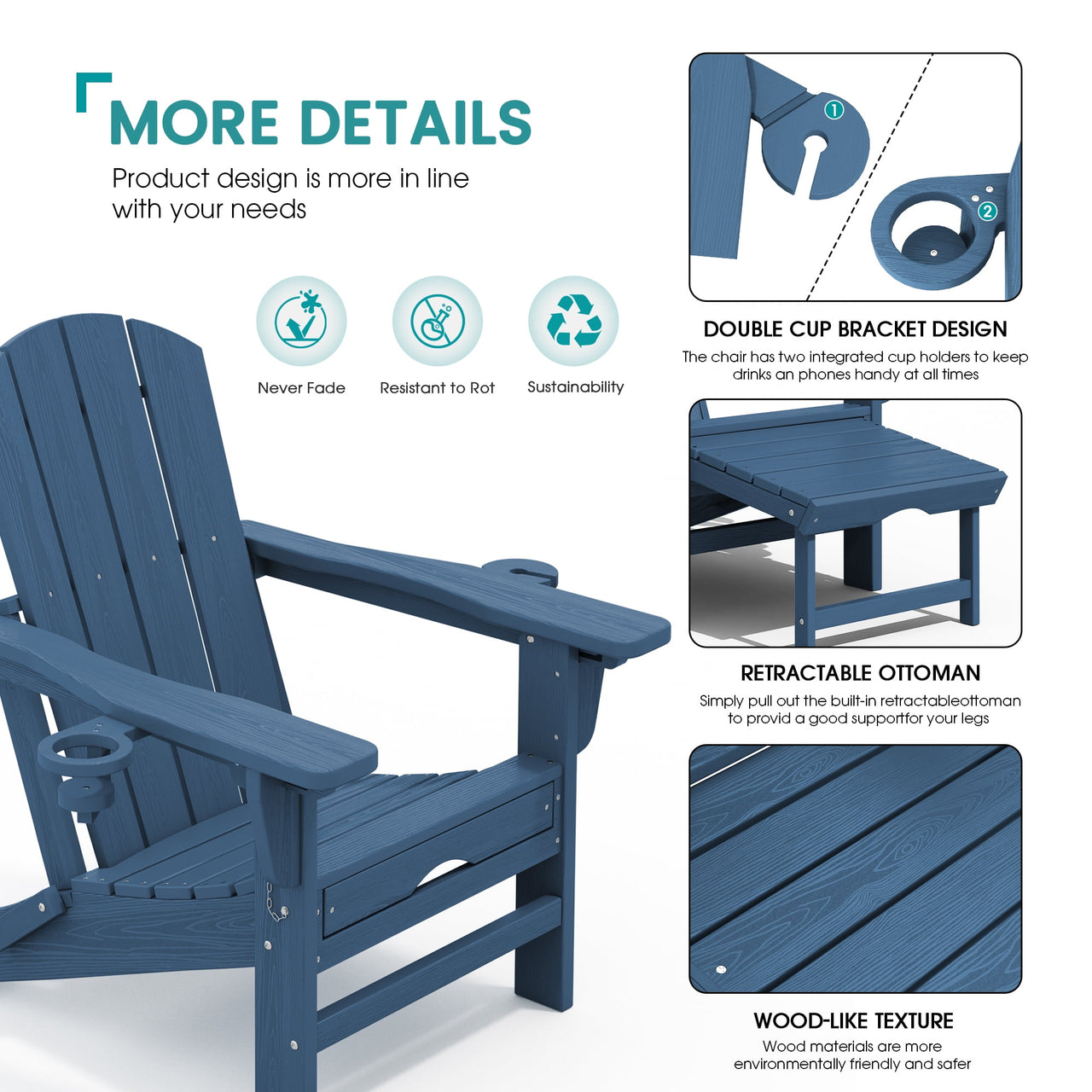 KINGYES Folding Adjustable Adirondack Chair with Retractable Ottoman Set of 2 for Patio Garden, Blue