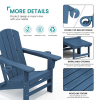 KINGYES Folding Adjustable Adirondack Chair with Retractable Ottoman Set of 2 for Patio Garden, Blue