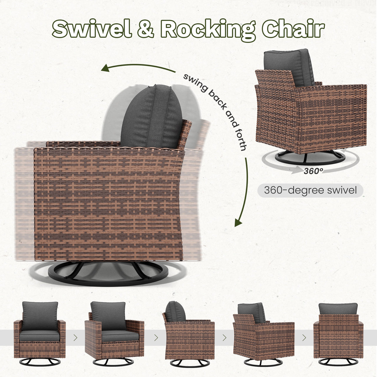 POTEBAN Patio Furniture Set with 44" Fire Pit Table, 7 Pieces Outdoor Sectional Couch, Black Wicker Rattan Conversation Sofa with Swivel Chair for Garden Backyard Deck, Dark Grey