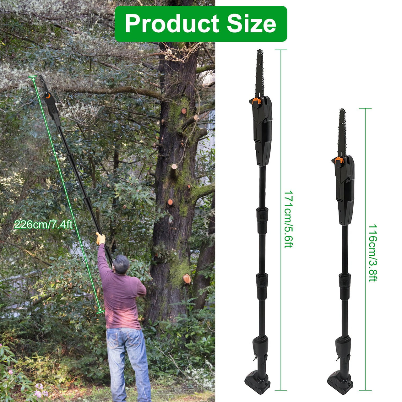 Cordless Pole Saw 6 Inch Electric Pole Chainsaw with 2Pcs 1.5Ah Batteries 35FT/S Speed 7.4ft Maximum Extendable Length for Tree Trimming