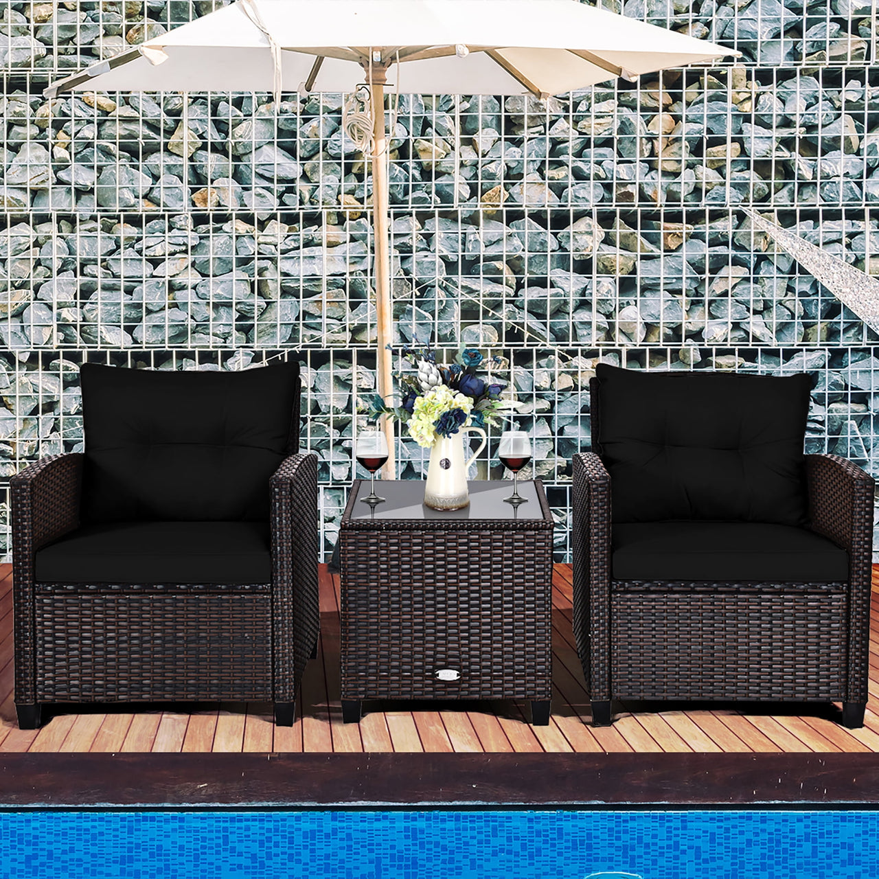 Costway 3PCS Patio Rattan Furniture Set Cushion Conversation Set Sofa Coffee Table Black