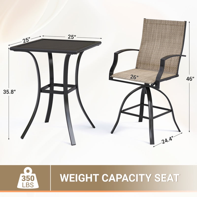 AMOPATIO 3-Piece Patio Swivel Bar Set - All Weather High Top Bistro Set with 2 Oversize Bar Stools & Metal Table for Backyard, Garden, Porch, Khaki