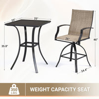 AMOPATIO 3-Piece Patio Swivel Bar Set - All Weather High Top Bistro Set with 2 Oversize Bar Stools & Metal Table for Backyard, Garden, Porch, Khaki