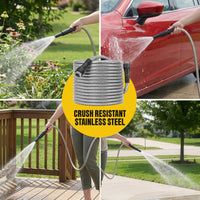BIONIC STEEL 25 Ft Metal Garden Hose with Sprayer Nozzle, Non Kinking Designed Stainless Steel Heavy Duty Water Hose 100 Ft x 5/8 in. Flexible NON Expandable for Uninterrupted Water Flow, 500 PSI