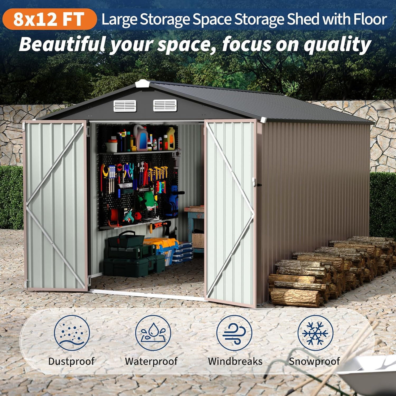8x12 FT Metal Storage Sheds Outdoor, Metal Yard Sheds Garden Shed Kit, 8x12x6.4 FT Outdoor Storage Sheds, Metals Tool Shed with Lockable Door, Metals UtilityShed Buildings with Air Vent for Backyard G