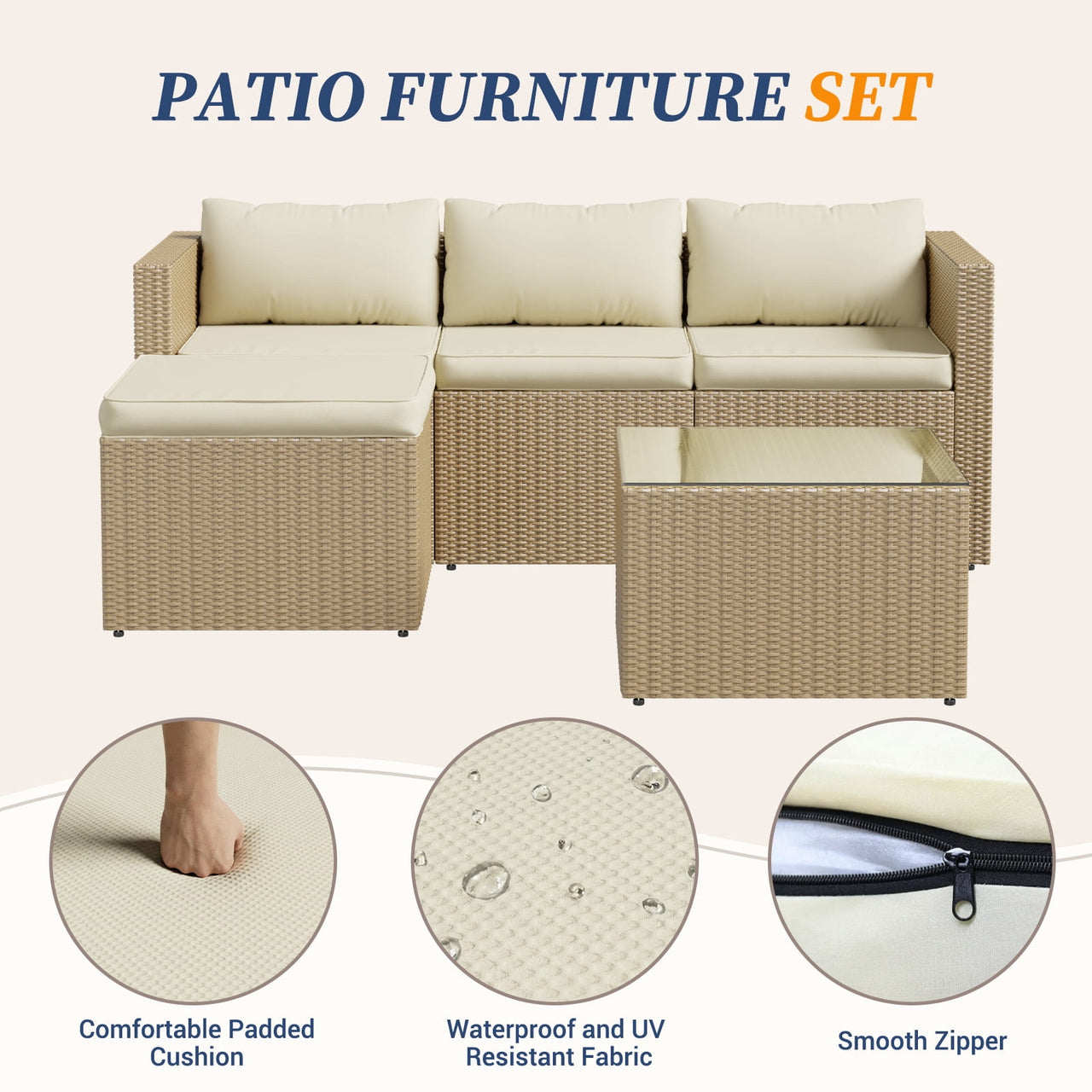 ELPOSUN 5-Piece Patio Furniture Conversation Set, All-Weather Wicker Outdoor Sectional Sofa Set with Table & Cushions, Beige