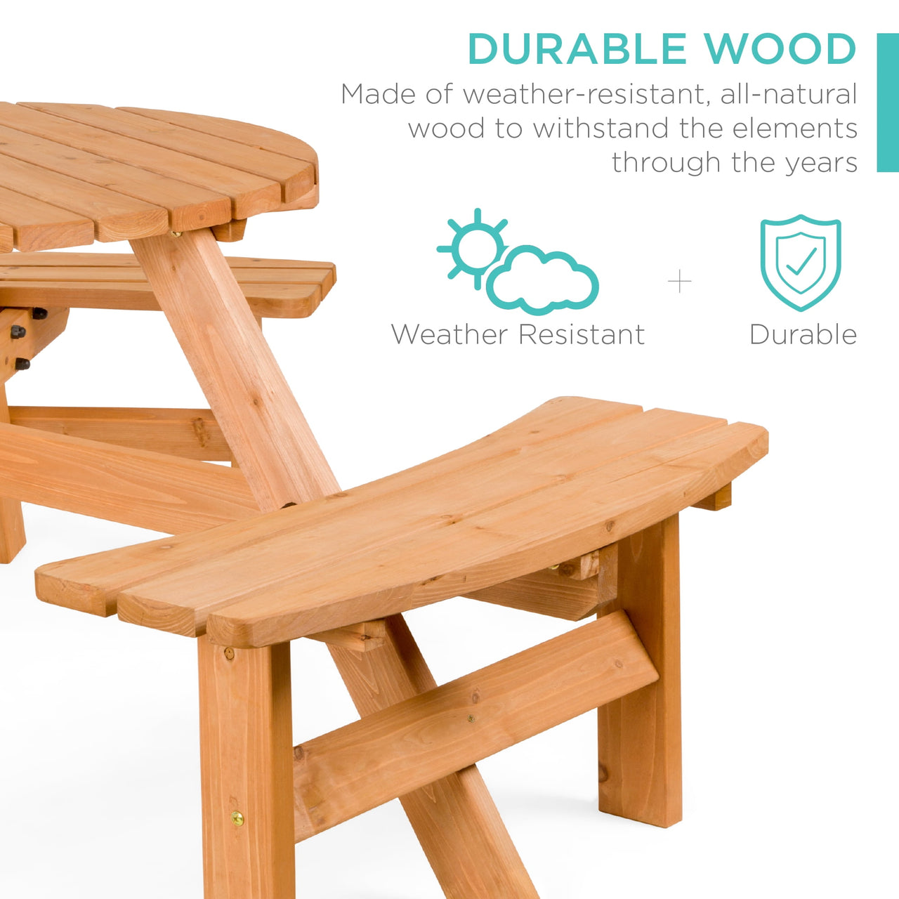 Best Choice Products 6-Person Circular Outdoor Wooden Picnic Table w/ 3 Built-In Benches, 500lb Capacity - Natural