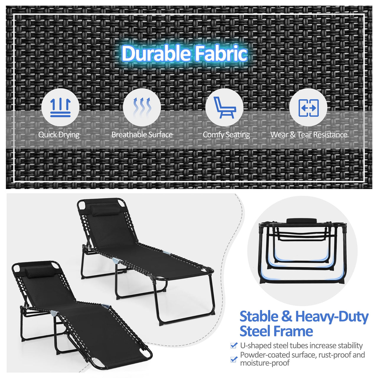 Costway Folding Lounge Chaise 16'' High Recline Chair W/Adjustable Backrest and Footrest Black