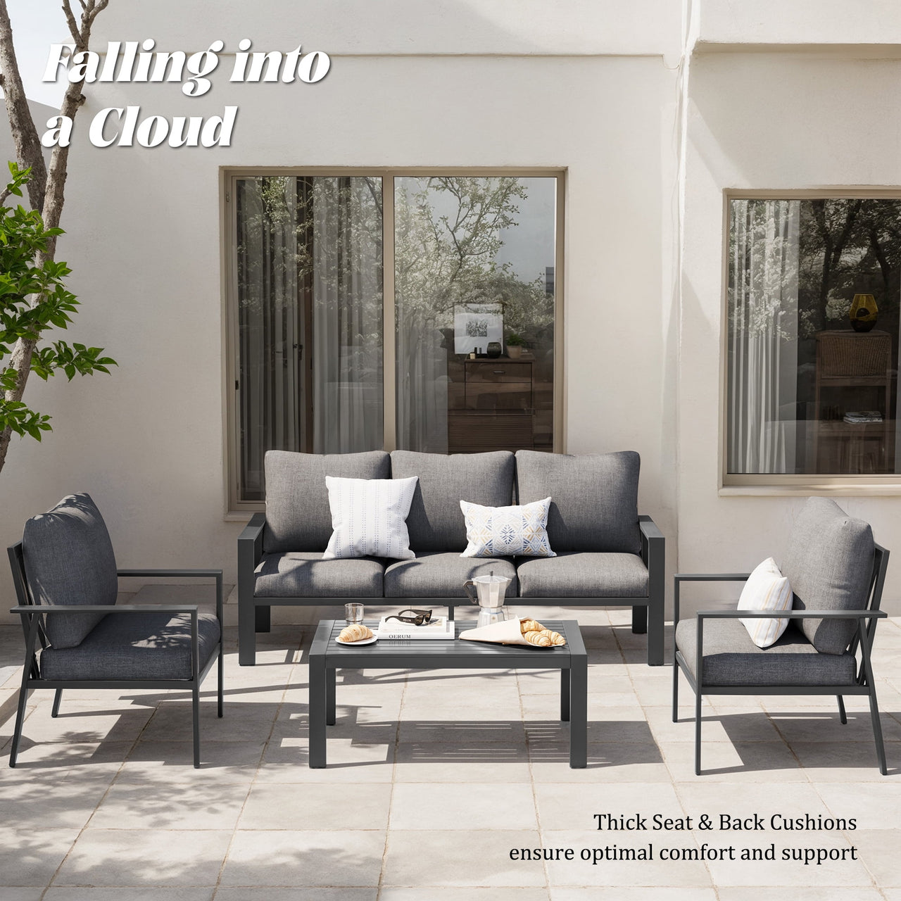 MRUAKA Aluminum Patio Furniture Set, 6 Pcs Modern Outdoor Sofa Sets, Outdoor Sectional Patio Conversation Set with Coffee Table for Backyard, Poolside, Dark Grey