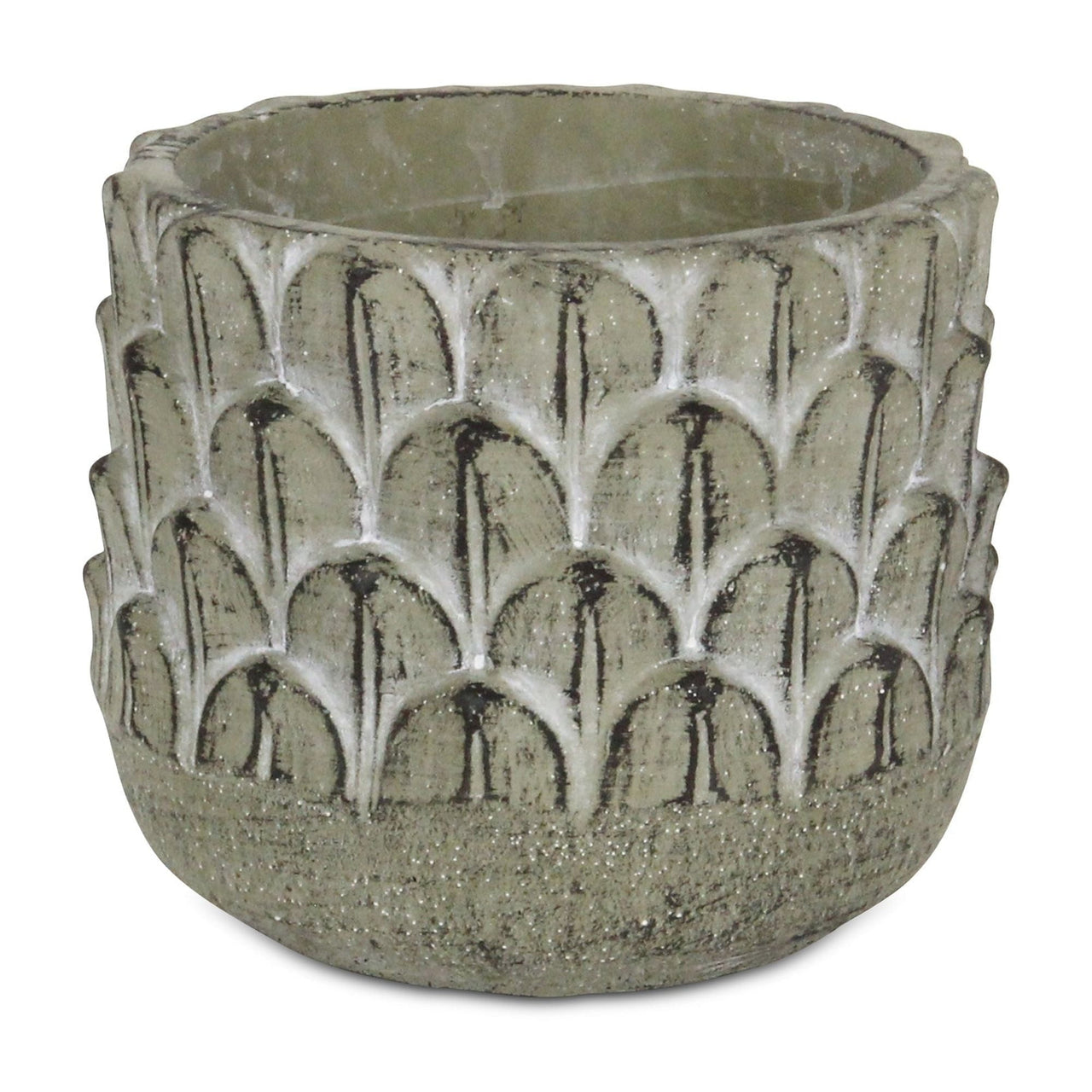 Cheungs 5451S Cement Pot with Overlapping Feather Pattern, Round - Small