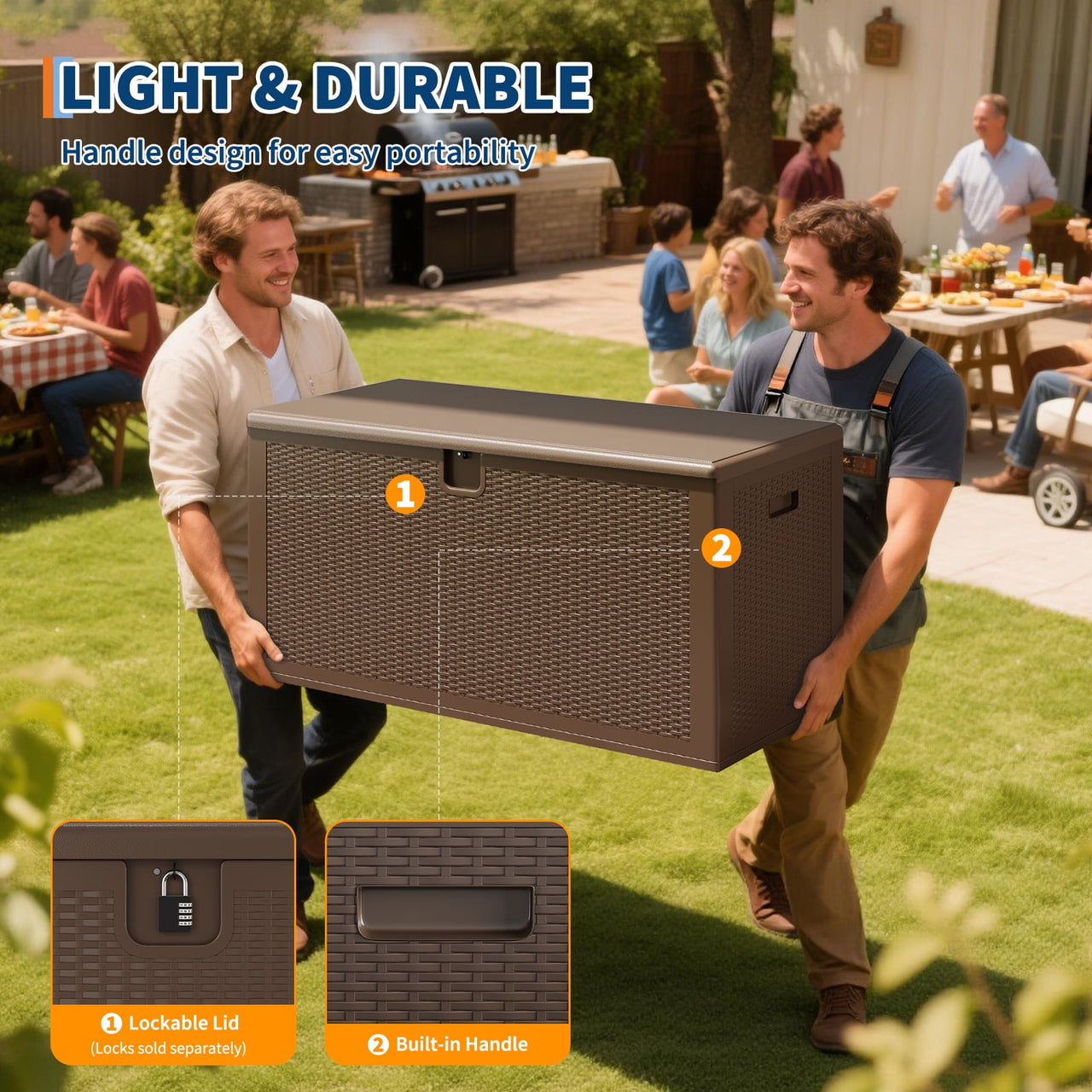 Gaderth 150 Gal Deck Box, Weather-Resistant Outdoor Storage Box with Lid, Weatherproof & Lockable Outdoor Storage Bin, Lockable Storage Bin with Built-in Handle for Patio