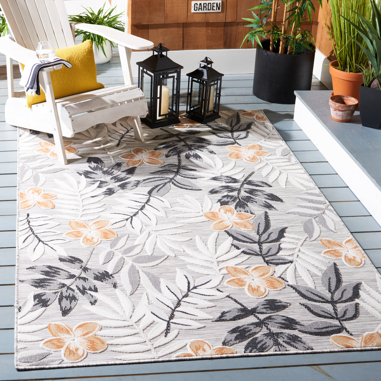 SAFAVIEH Cabana Blazhe Botanical Indoor/Outdoor Area Rug, Grey/Ivory, 5'1" x 7'6"