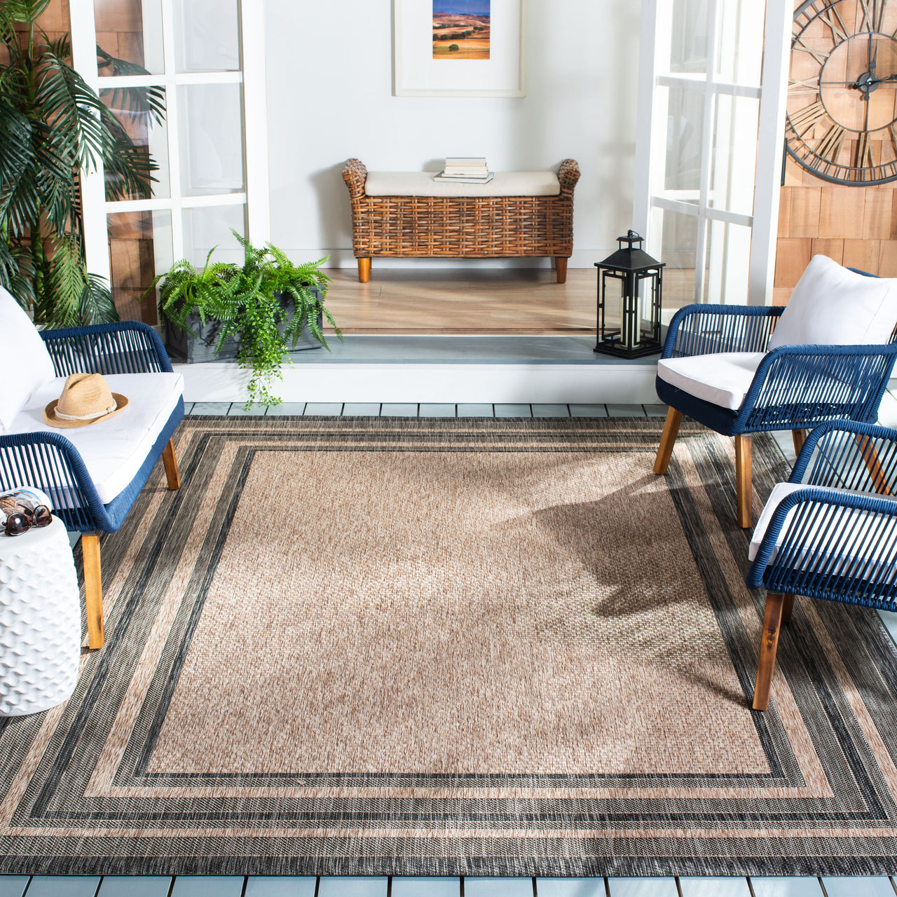 SAFAVIEH Courtyard Ercan Bordered Indoor/Outdoor Area Rug, Natural/Black, 8' x 10'