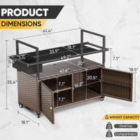 Gymojoy Outdoor Dining Cart Table, Patio Grill Cart with Tempered Glass Top,Wicker Storage Cabinet, Lockable Wheels and Side Basket for Garden, Poolside & Backyard, Brown