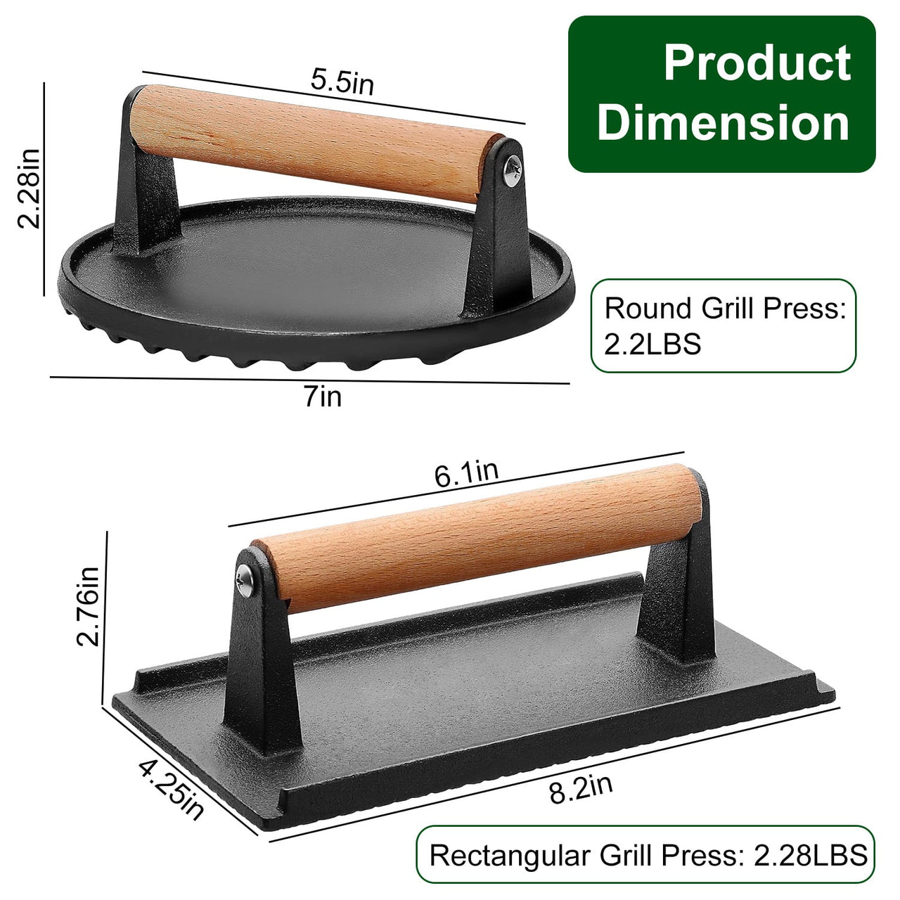 2Pcs Burger Press Heavy-Duty Cast Iron Smashed Meat Steak Weight Grill Griddle Press (7" Round & 8.2"X4.3" Rectangle) with Wood Handle for Camping Griddle