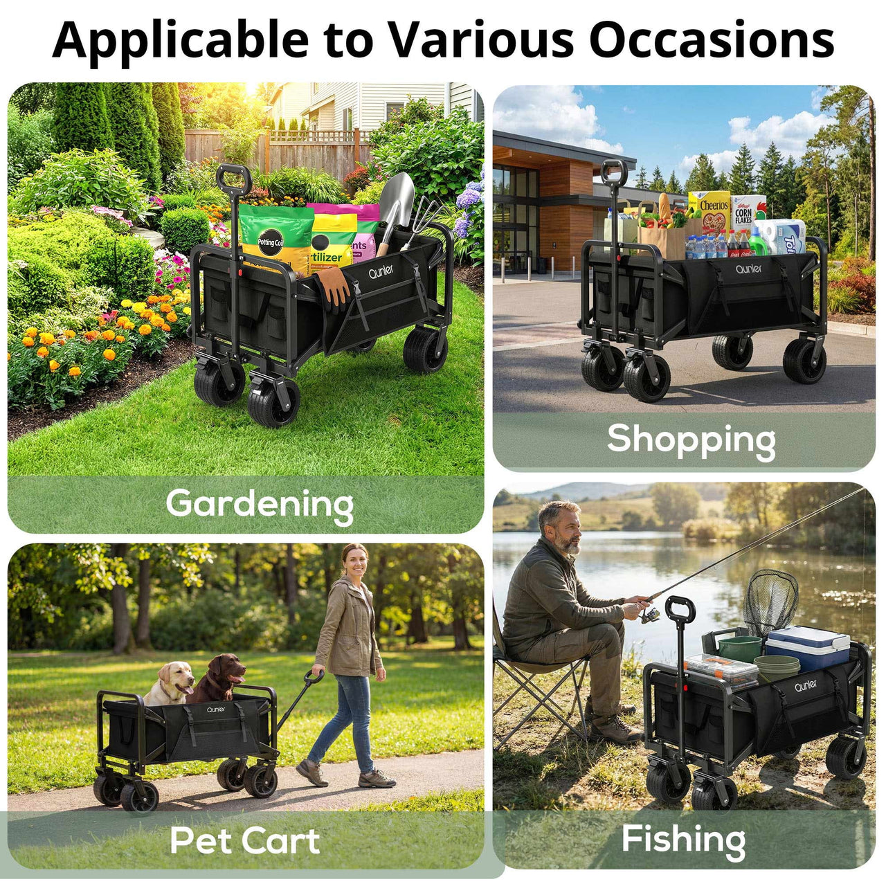 Qunler 560lbs Large Collapsible Folding Wagon with Oversized Tank Wheels, Heavy Duty Big Bucket Utility Garden Cart with Side Pocket for Sports, Shopping, Camping, Kids, Black