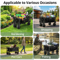 Qunler 560lbs Large Collapsible Folding Wagon with Oversized Tank Wheels, Heavy Duty Big Bucket Utility Garden Cart with Side Pocket for Sports, Shopping, Camping, Kids, Black