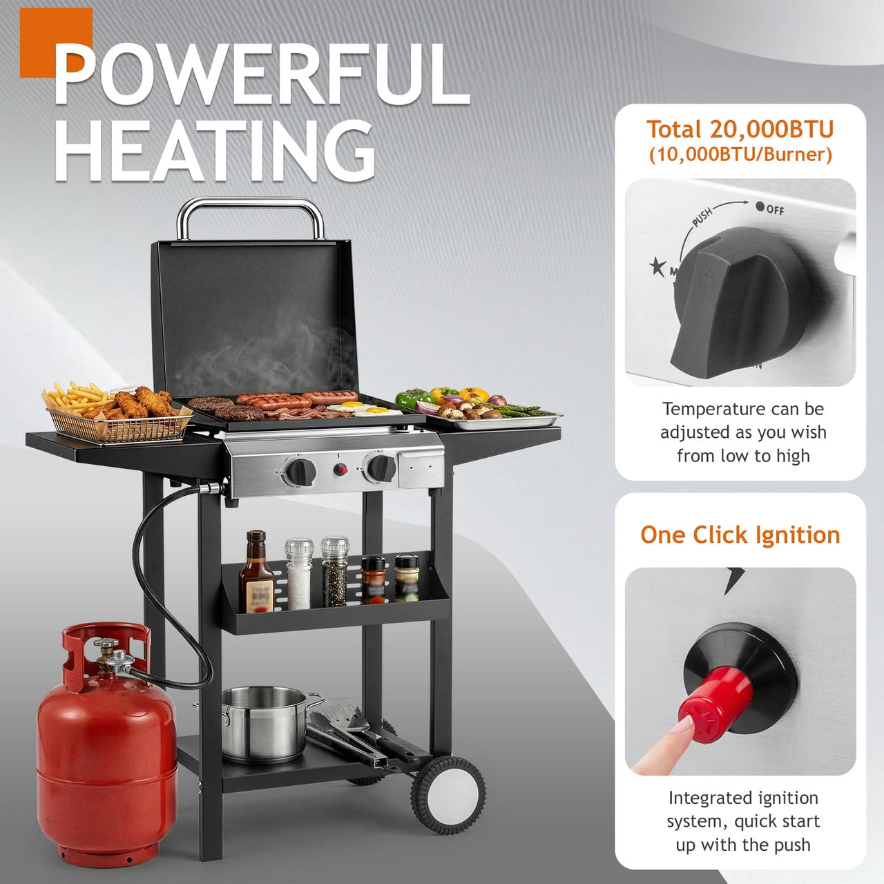 Ktaxon 2 Burner Propane Griddle Flat Top Gas Grill 20000 BTU with Lid,Ceramic Coated Cast Iron Pan,Side Shelves,Spice Rack,Wheels