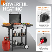 Ktaxon 2 Burner Propane Griddle Flat Top Gas Grill 20000 BTU with Lid,Ceramic Coated Cast Iron Pan,Side Shelves,Spice Rack,Wheels